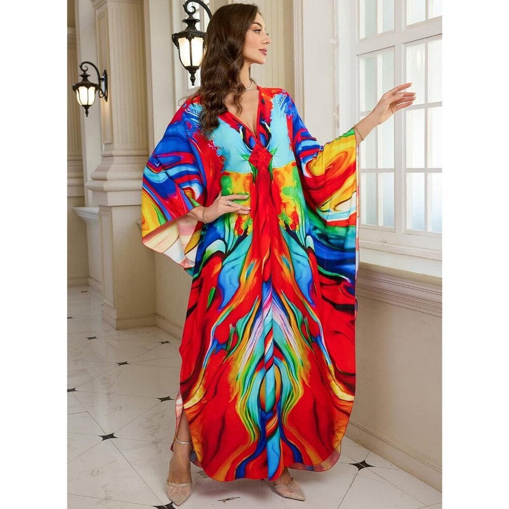Women's Red Vivid V Neck Batwing Sleeves Summer Beach Cover Up Kaftan Dress - Picture 4 of 6